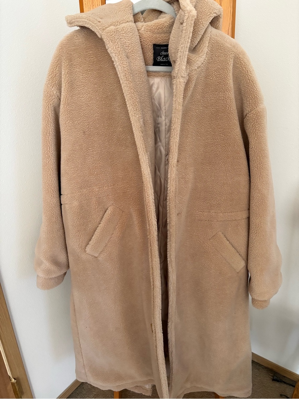 Black Label Beige Faux-Sherpa Hooded Teddy Coat